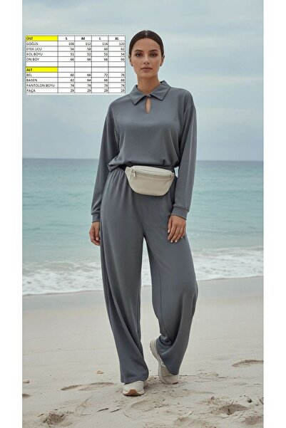 Dema Women's Knitted Collar with Snap Fasteners Gray Top and Bottom Set