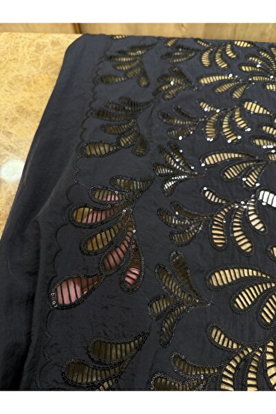 METERİAL Black Leaf Patterned Glittery Perforated Parachute Fabric 130 cm Dressmaking and a Piped K