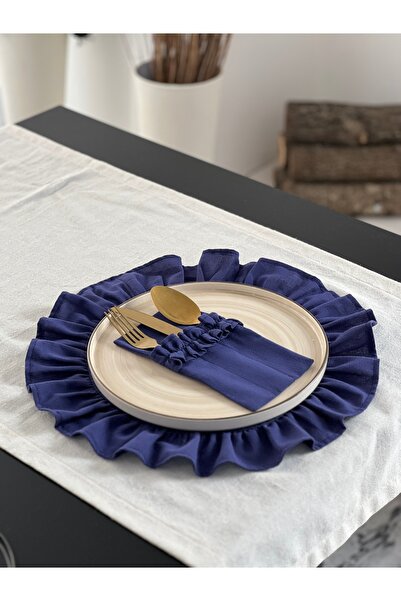 KaiAtelier Husă pentru tacâmuri cu volane din in, 4 bucăți, albastru închis