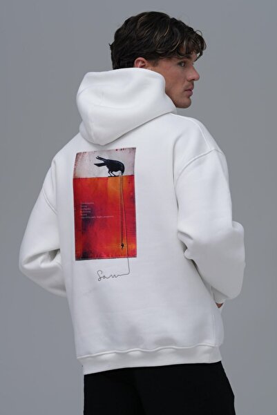 fame-stoned Crow Left Logo, Back Printed , Printed , Embroidered Unisex 100% Cotton Hooded White Sweatshirt