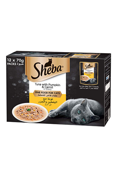 SHEBA طعام القطط الرطب الفاخر، تونة مع اليقطين والجزر في المرق، 12 كيس × 70 جم