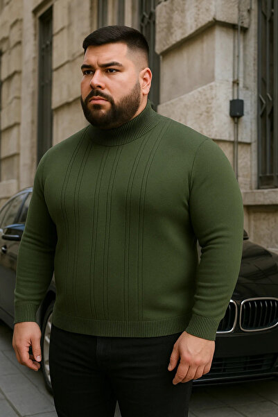 Maccali Ανδρικό πλεκτό πουλόβερ με ρίγες χακί μεγάλου μεγέθους