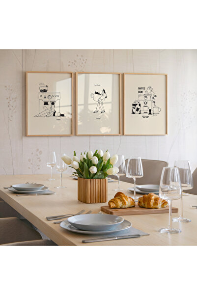 İkona Design Studio Kahve Köşesi1 Ahşap Çerçeveli 3'lü Poster Tablo Seti | Mo...