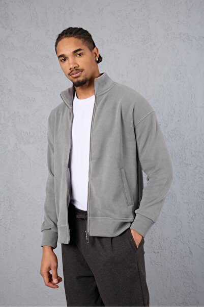 Valiberta Ron Selanik Knitted Plush Inside Double Zipper D Mock Neck Men's Cardigan Sweatshirt - Smoked