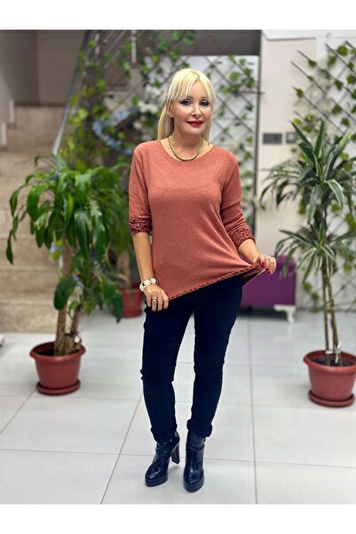 Punta Otantik Nc218181 Round Neck Knitwear with Leopard Inside Large Size Blouse Tile