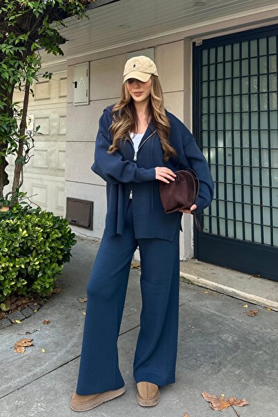 Laluvia Navy Blue Zippered Hooded Knitwear Set - 0511