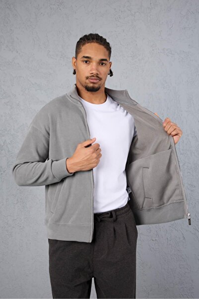 Valiberta Ron Selanik Knitted Plush Inside Double Zipper D Mock Neck Men's Cardigan Sweatshirt - Smoked