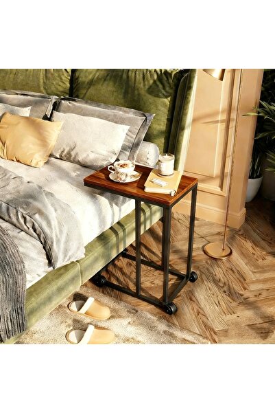 Cozara C-shaped sofa side table, large tabletop C-shaped table, with wheels/basic model in brown