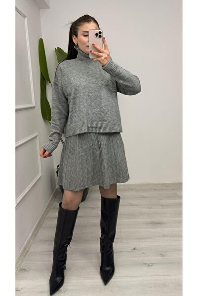 TUNAM BUTİK 7777 Skirted Knitwear Set Gray