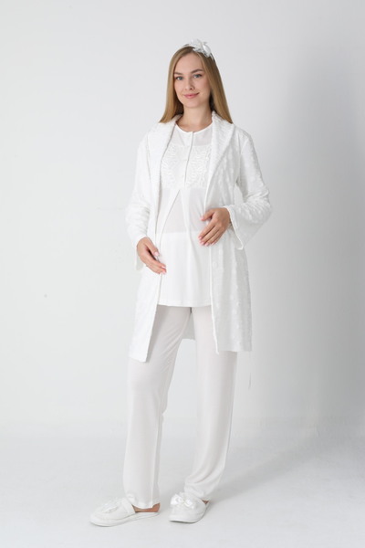 Lohusa Dünyasi Women's Jacquard Shawl Collar Special Design Winter Long Sleeve Cotton Maternity Dressing Gown Pajamas Suit 3-Piece Set