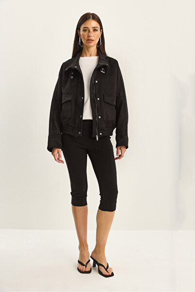 Bianco Lucci Women's Mock Neck Zippered Pocket Detailed Lined Oversized Faux Suede Jacket 9030 60283796