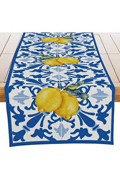 Generic Italian Blue Tiles Decorative Table Runner - Summer Lemon Design, 33×182 cm, Banlai