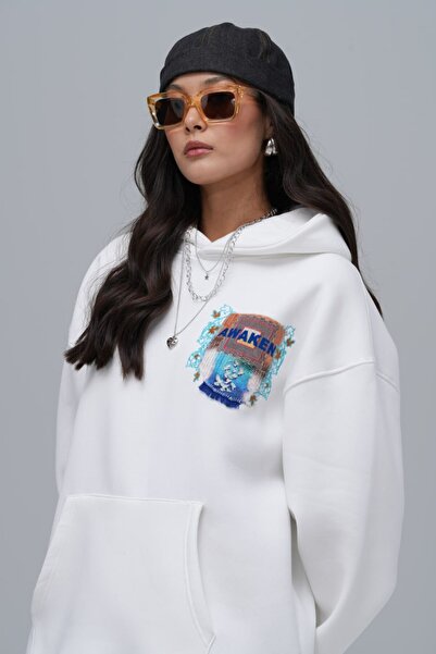 fame-stoned Awaken Patterned Printed , Embroidered Unisex 100% Cotton Hooded White Sweatshirt