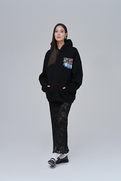fame-stoned Awaken Patterned Printed , Embroidered Unisex 100% Cotton Hooded Black Sweatshirt