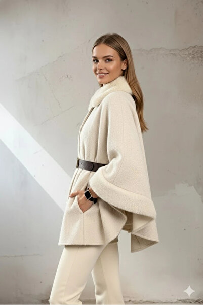 cemo Kadın Kürk Yaka Manşet Detaylı Panço Kaban Kemerli Pelerin Ceket Kaşe