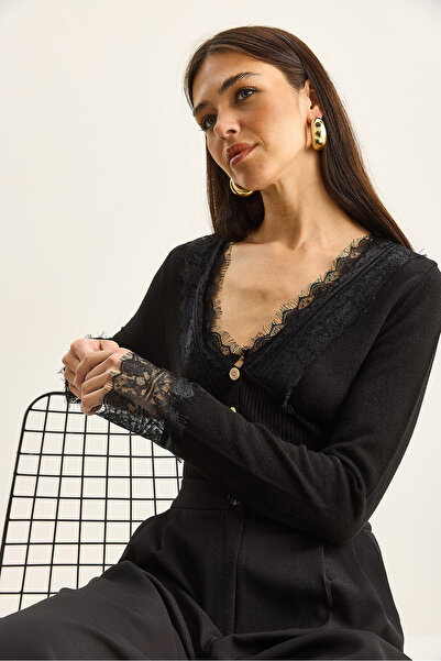 Bianco Lucci Women's V-Neck Lace Detailed Long Sleeve Knitwear Cardigan Th251066 60283798