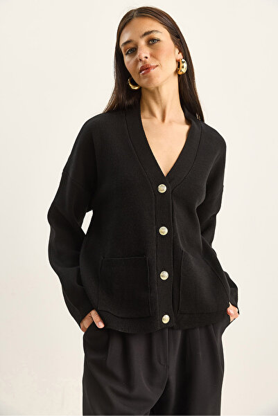 Bianco Lucci Women's Button Pocket Detail V-Neck Long Sleeve Knitwear Cardigan Th251059 60283799