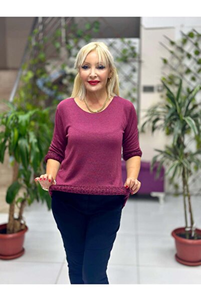 Punta Otantik Nc218181 Round Neck Knitwear with Leopard Inside Large Size Blouse Cherry