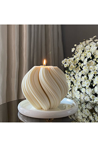 MUM LUMIERI CANDLE El Yapımı Kokusuz Burgu Desenli Dekoratif – Kırık Beyaz -1...
