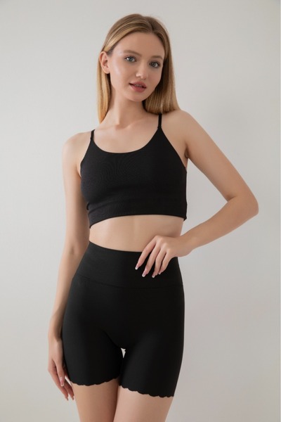 SİA LESS Women's Combed Cotton Two Sizes Slimming Black Corset Shorts