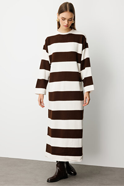 Mizalle Oversize Ekru Kahverengi Çizgili Uzun Kalın Triko El