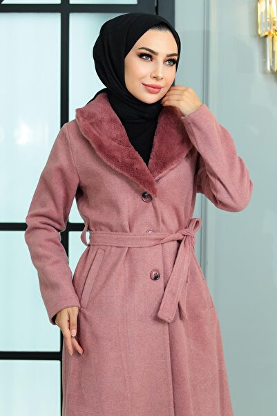 Missvalle Wide Fur Collar Cashmere Coat Dusty Rose 19174