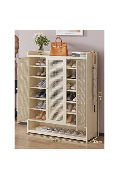 KEKE 8 Tier 3 Door Rattan Style Shoe Cabinet with Open Base Beige 90x32x107cm.