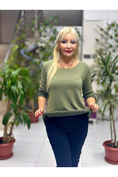 Punta Otantik Nc218181 Round Neck Knitwear with Leopard Inside Large Size Blouse Khaki