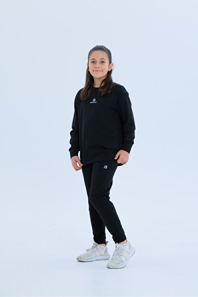 Black One Girl's Fleece-Lined Diving Fabric Tracksuit Set (Sweatshirt + Leggings)