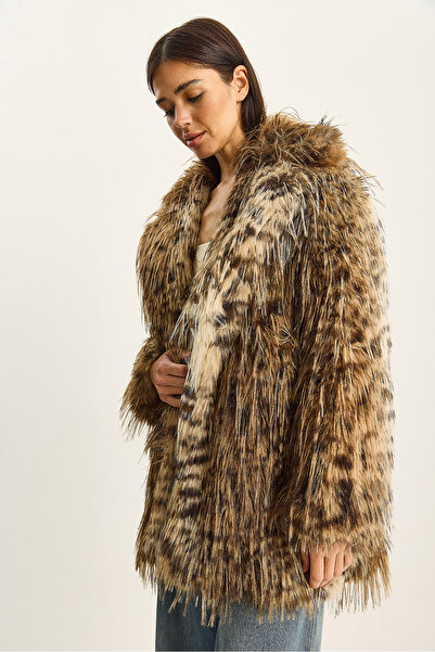Bianco Lucci Women's Leopard Print Collared Lined Premium Faux Fur Coat 2847 60281127