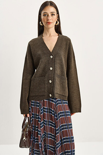 Bianco Lucci Women's Button Pocket Detail V-Neck Long Sleeve Knitwear Cardigan Th251059 60283799