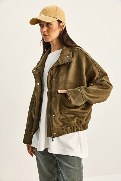 Bianco Lucci Γυναικείο μπουφάν με ψηλός λαιμός τσέπες με φερμουάρ, λεπτομερές επένδυση oversized από τεχνητό σουέτ 9030 60283796