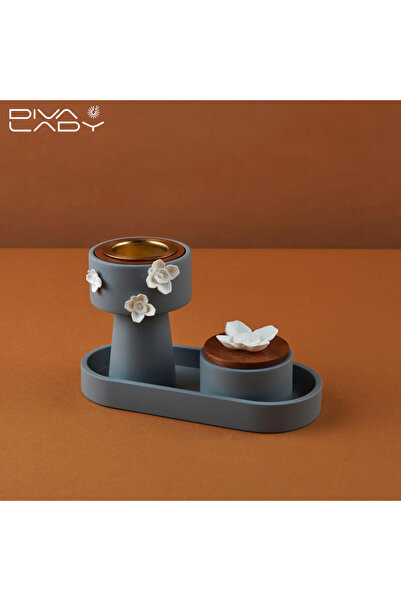 DIVA LADY 💙 طقم مبخرة وعلبة بخور باللون الرمادي الأنيق من ديفا ليدي – فخامة تعبق برائحة الجمال ✨