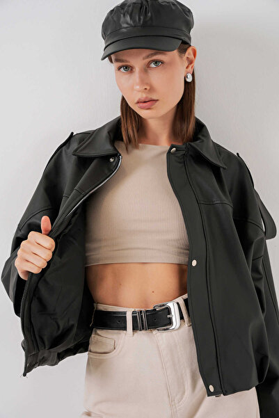 TENA Women's Oversized Leather Jacket with Shoulder Epaulettes