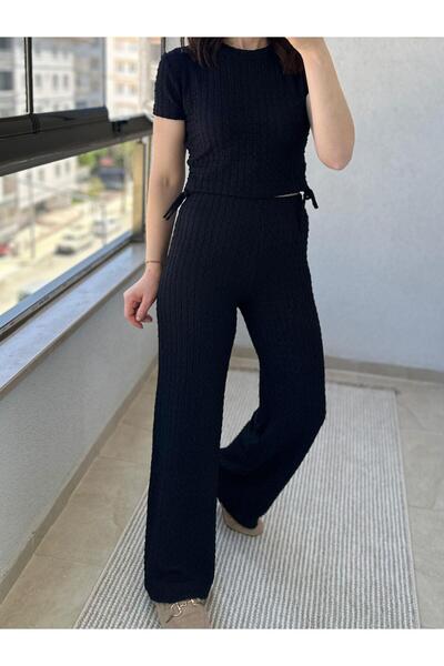 TUNAM BUTİK Black Double Set with Side Ruffles and Detailing on the Fabric