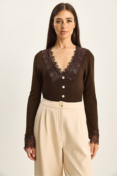 Bianco Lucci Women's V-Neck Lace Detailed Long Sleeve Knitwear Cardigan Th251066 60283798