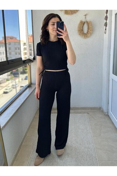 TUNAM BUTİK Black Double Set with Side Ruffles and Detailing on the Fabric