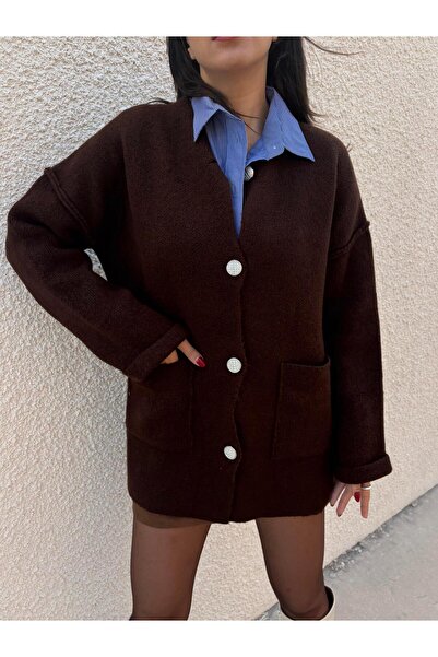 minaaise Women's Brown Oversized Stone Buttoned Pocketed Long Cardigan 38