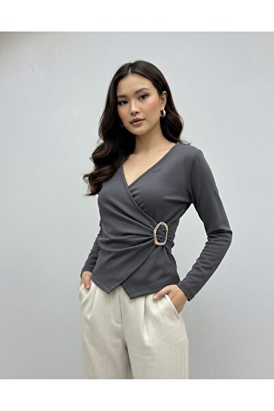 ns nirvana secret Double Breasted Long Sleeve Buckle Blouse