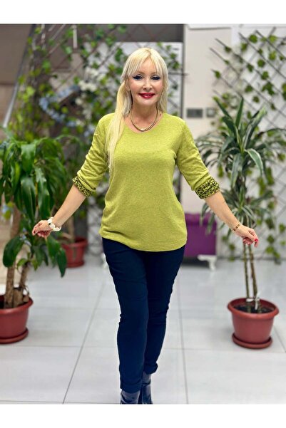Punta Otantik Nc218181 Round Neck Knitwear with Leopard Inside Large Size Blouse Pistachio