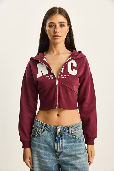 Bianco Lucci Women's Nyc Embroidered Three Thread Sh Fleece-Lined K Hooded Crop Cardigan 6942 60283794