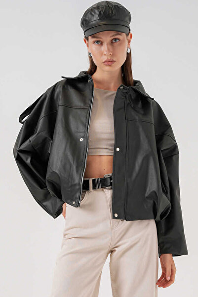 TENA Women's Oversized Leather Jacket with Shoulder Epaulettes