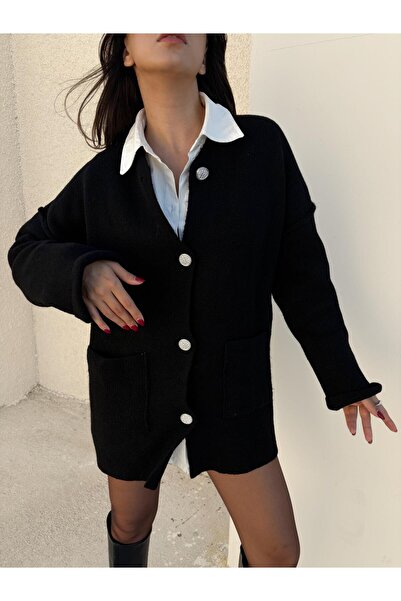 minaaise Women's Black Oversized Stone Buttoned Pocketed Long Cardigan 38