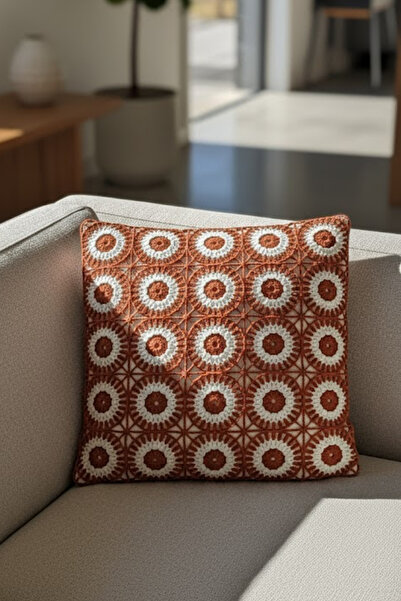 homytextiles Ajur Örgü, Tığ İşi Örgü Kare Desenli Bohem, Modern Kırlent Kılıfı