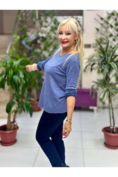 Punta Otantik Nc218181 Round Neck Knitwear Large Size Blouse with Leopard Inside Blue