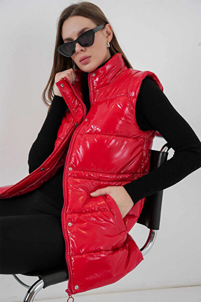 hazelin Women's Red Shiny Lined Puffer Vest Hzl25W-Bd152181