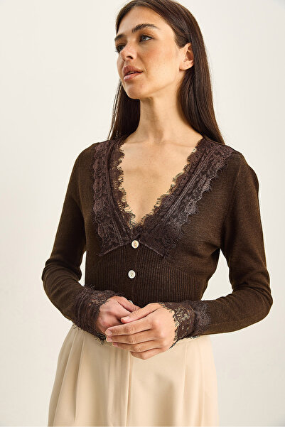 Bianco Lucci Women's V-Neck Lace Detailed Long Sleeve Knitwear Cardigan Th251066 60283798