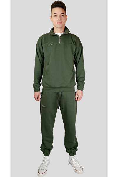 celevri Men's tracksuit, khaki, 100% premium cotton, with zipper, regular fit