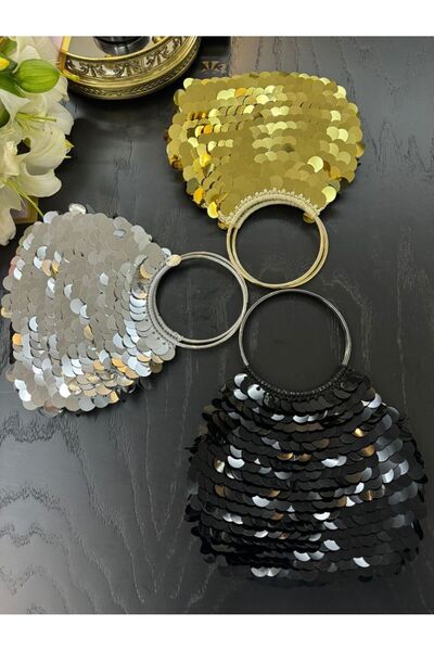 Handmade GÜMÜŞ SAPLI PULLU ÇANTA SİYAH RENKLİ MAKROME ŞIK GECE EL ÇANTASI