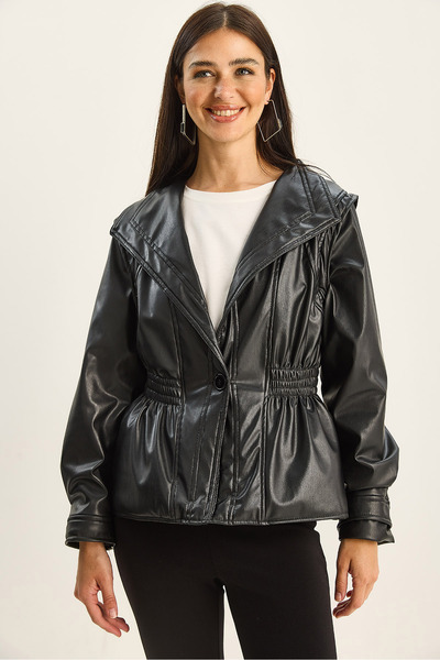 Bianco Lucci Дамско яке с еластична талия и кръстосани ревери от изкуствена кожа 2766 60281128